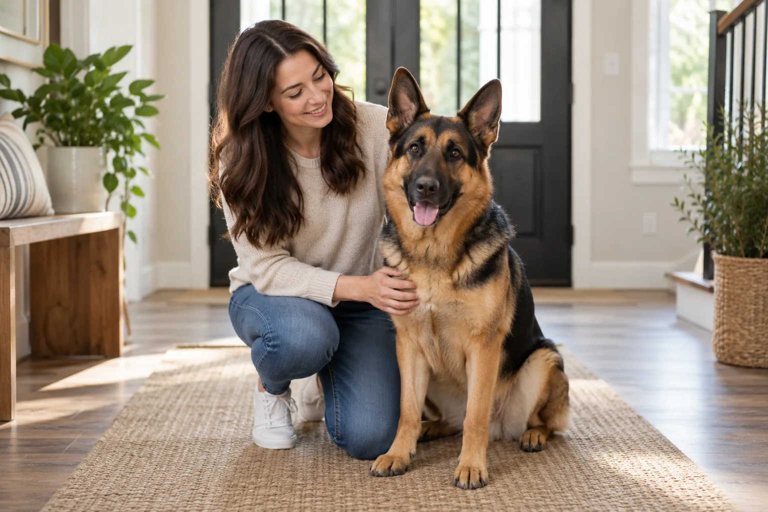 Owner beside a German shepherd-type dog at home