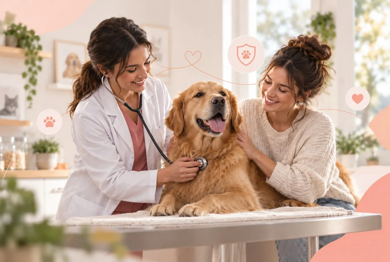 Veterinarian and owner consulting beside a golden-colored dog